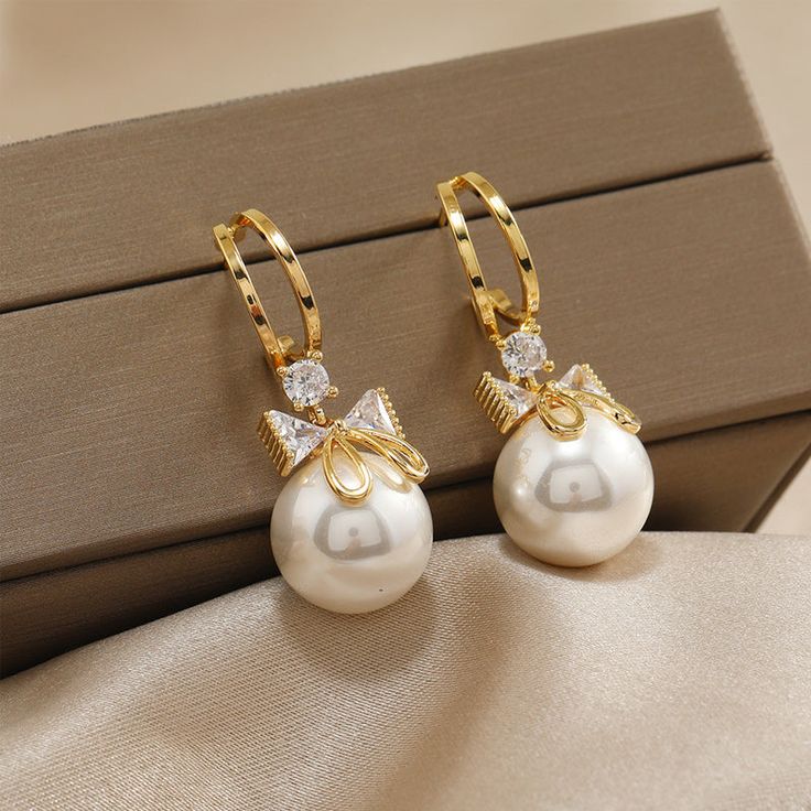 Golden Pearl Bow Drop Earrings