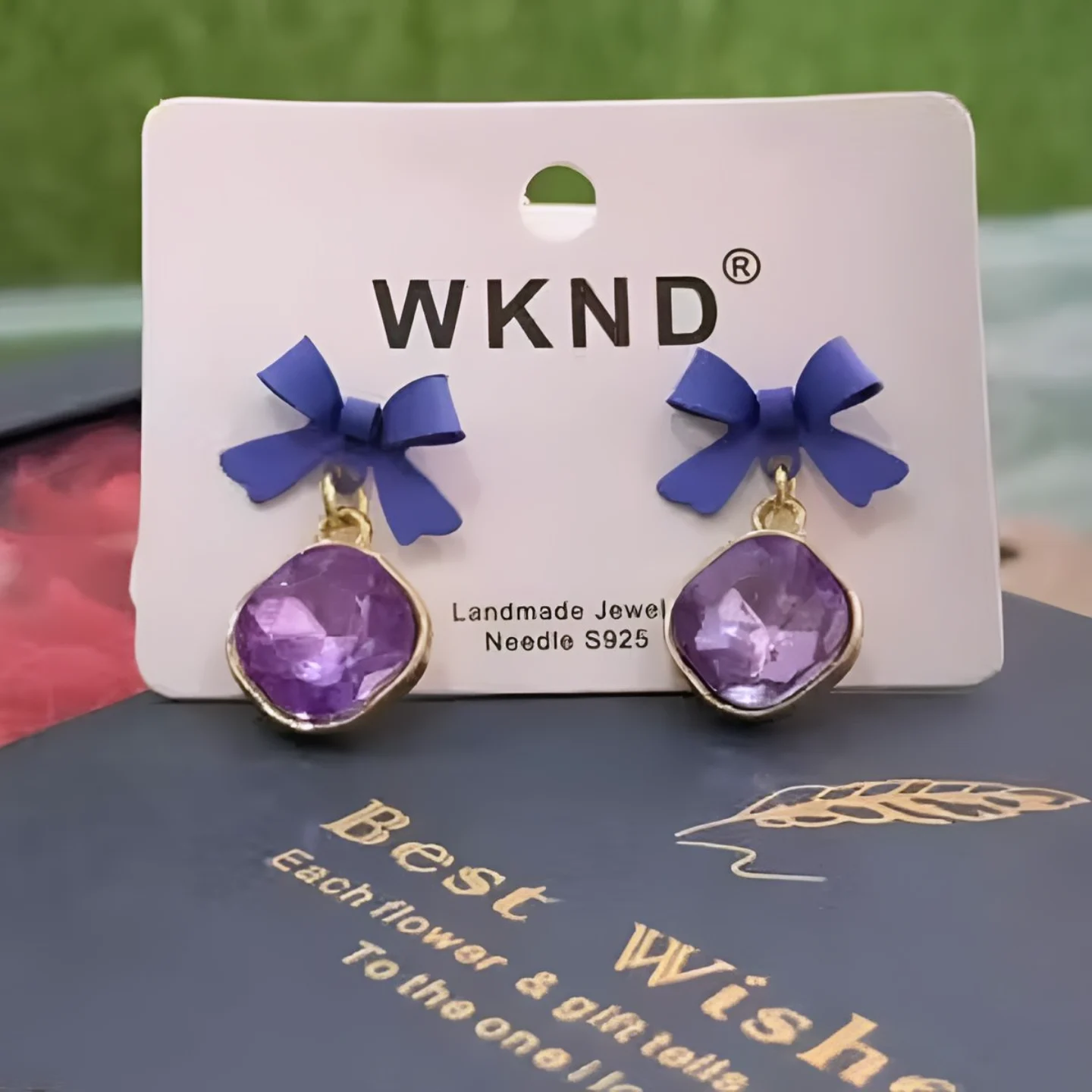 Korean Bow Crystal Drop Earrings 💜
